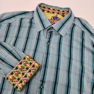 Robert Graham Men's Aqua Vertical Stripe Long Sleeve Shirt With Cuff Accents XXL